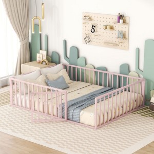Queen-Size Metal Bed Frame with Enclosing Fence and Door Design - 1 of 4