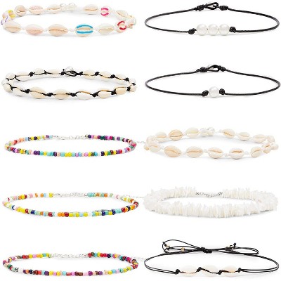 Zodaca 10 Piece Puka and Pearl Shell Assorted Choker Necklaces for Women