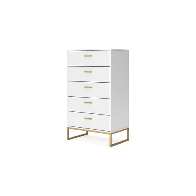 White and Gold Transitional 5-Drawer Tall Dresser
