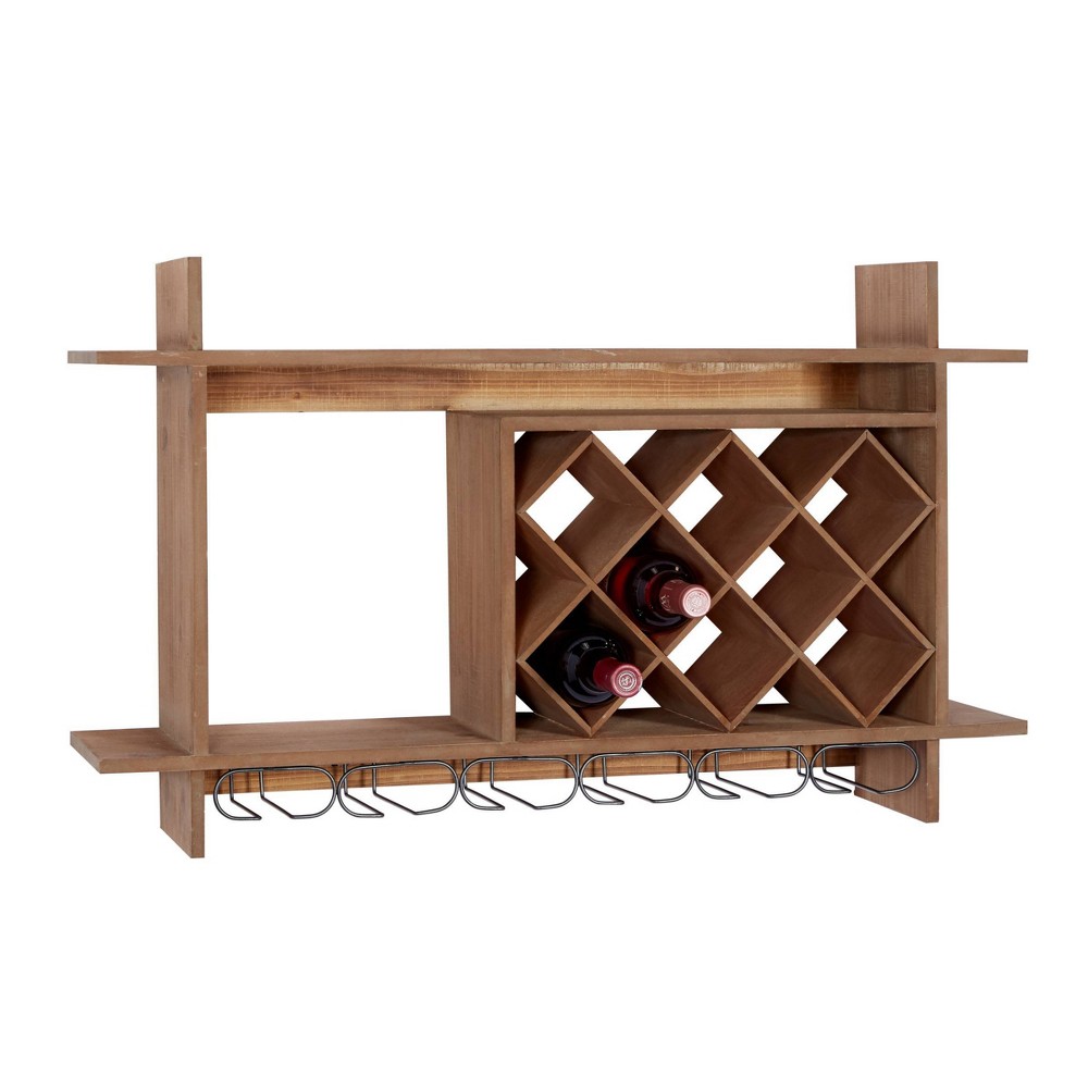 Wood Geometric 8 Bottle Slot Wall Wine Rack with 6 Glass Holder Slots Brown - Olivia & May: Alcohol Storage, No Assembly Required