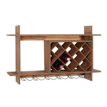Wood Geometric 8 Bottle Slot Wall Wine Rack with 6 Glass Holder Slots Brown - Olivia & May