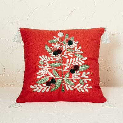 Embroidered Christmas Tree Square Throw Pillow with Pom Poms Red - Opalhouse™ designed with Jungalow™