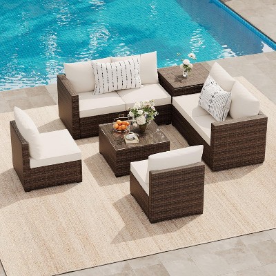 GustoWave 8-Piece Outdoor Patio Furniture Set with Coffee Table and Storage Stool with Cushions for Backyard, Garden, Poolside, Gray