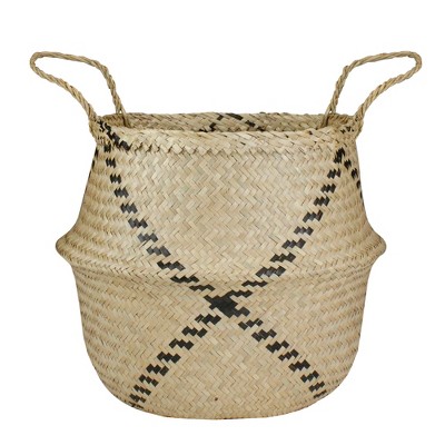 Northlight 17" Beige Seagrass Belly Basket with Black Accents and Handles