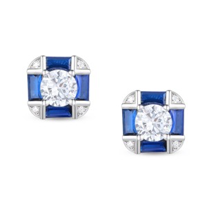 Guili Sterling Silver White Gold Plated Sapphire Blue Cubic Zirconia Vintage Cushion Geometric Stud Earrings, A Luxe & Unique Statement - 1 of 2