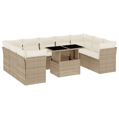 vidaXL 10 Piece Patio Sofa Set with Cushions Beige and Cream Poly Rattan - Without Storage