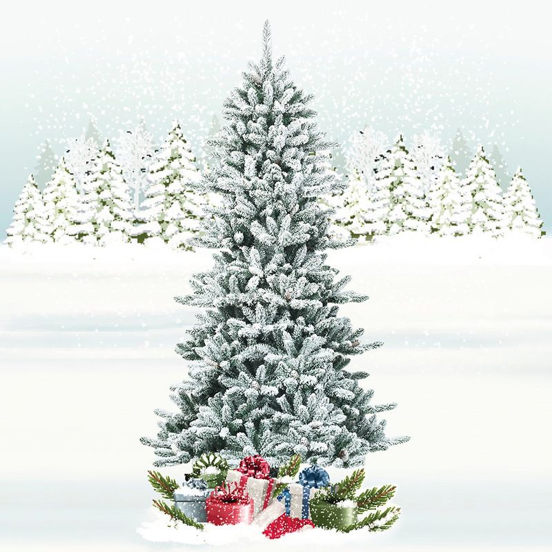 Costway 7Ft Premium Hinged Snow Flocked Slim Artificial Christmas Fir Tree w/ Pine Cones, 2 of 10