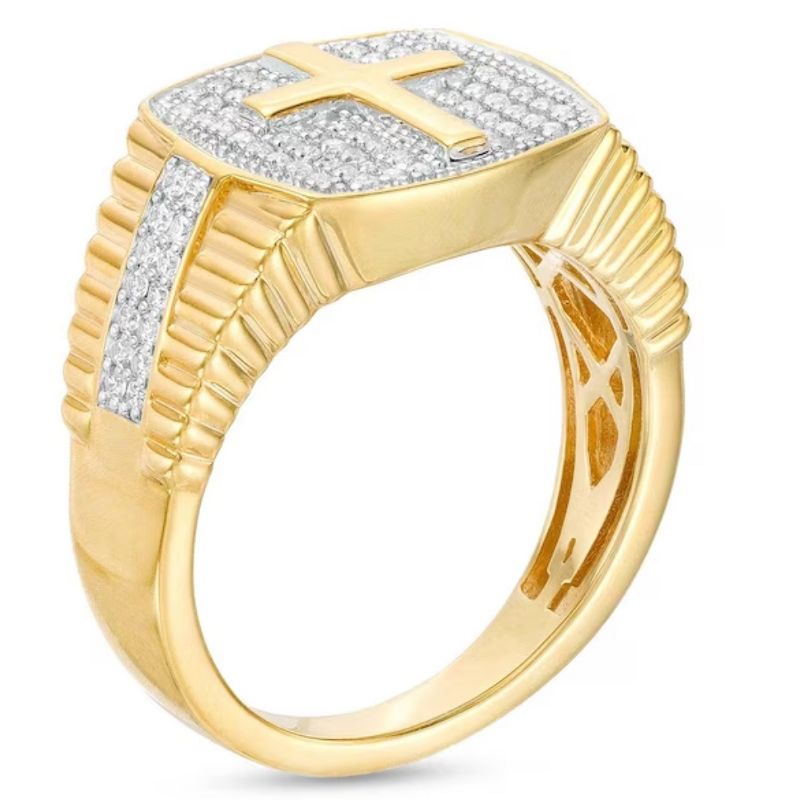Pompeii3 3/4Ct Men's Diamond Cross Ring 10k Yellow Gold, 2 of 5
