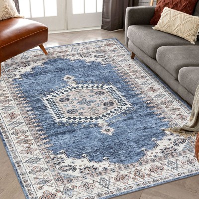 Faux Wool Machine Washable Vintage FloralPrinted  Area Rugs Non Slip Low Pile Stain Resistant  Indoor Modern Ultra Soft Carpet Perfect for Home