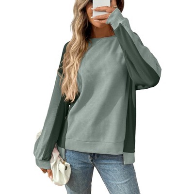 Oversized Sweatshirt for Women Waffle Knit Color Block Crewneck Long Sleeve Casual High Low Pullover Sweatshirts Tops