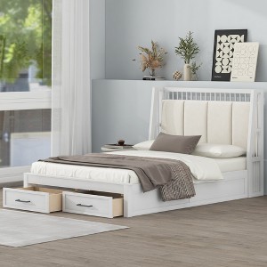 TIRAMISUBEST Full/Queen Size Wood Platform Bed with Upholstered Headboard and 2 Storage Drawers, Modern Bed Frame with Slats Support - 1 of 4