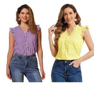 INSPIRE CHIC Women's Cap Sleeve Plaid Gingham Ruffle Shirt 2 Packs - 1 of 4