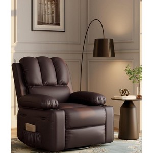 22" Rocker Recliner Chair, 1.5X Sponge Filling, 360 Degree Swivel, PU Leather, Side Pockets and Cup Holders, Reclining 135 Degrees - 1 of 4