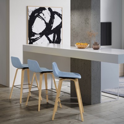 SKRAN Upholstered Bentwood Counter Stools in Denim Blue Curved Back Wood Counter Height Barstool Home Bar Furniture