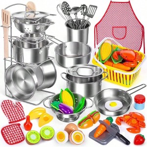 Pretend Play Kitchen Toy Set, 32 Items Stainless Steel Pots Pans with Rack, Metal Utensils, Apron Play Food Basket - 1 of 4