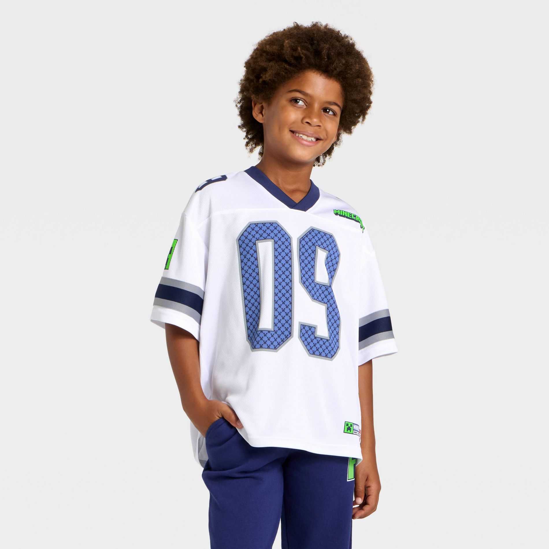 Boys' Minecraft Creeper Mesh Football Jersey - Heather Gray/White/Navy Blue M