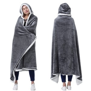 Catalonia Women's Fuzzy Wearable Blanket Wrap Sweater with Hand Pockets, Hooded Blanket Cape, Cozy Fleece Throw Cape, Valentine’s Day Gift for her - 1 of 4