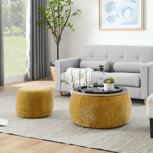 Gulches 25" Round 2-in-1 Storage Ottoman - Dark Yellow Pleated Fabric, End Table/Footstool/Small Seat, No Assembly - 1 of 4