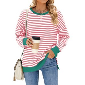Womens Striped Sweatshirts Crew Neck Side Slit Sweatshirts Faux V-Notch Stripes Long Sleeve T-Shirt Basic Tops Lightweigth All Season Tops - 1 of 4