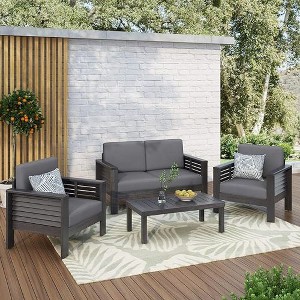 Sapphtopaz Patio Sofa with Shutter-Slat Design & Water-Resistant Cushions, Acacia Wood Outdoor Sofa, Outdoor Club Chair, Outdoor Sofa Chair - 1 of 4