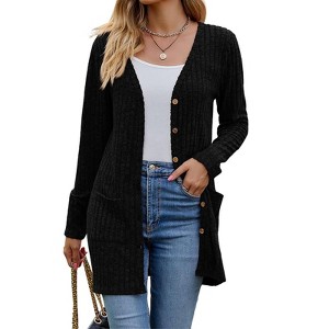 BLUEMING Womens Cardigans Open Front Ribbed Knit Casual Long Sleeve Button Down Soft Coats with Pockets - 1 of 4