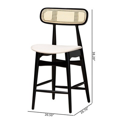 Cream and Black Woven Rattan Wood Counter Stools, Set of 2