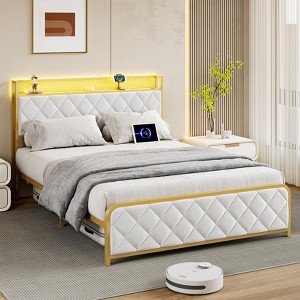 King Size Bed Frame with Lighted Headboard & Charging Station – Upholstered Velvet Platform Bed with Storage, Metal Slat Support, Noise-Free Design - 1 of 4