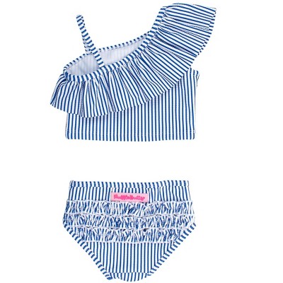 RuffleButts Girls UPF50+ Sun Protected Seersucker One Shoulder Ruffle Tankini 2-Piece Swimsuit - Blue Seersucker, 6 — фото 2