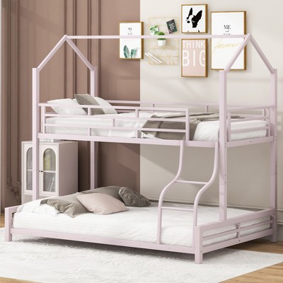 Twin over Full Bunk Bed, Convertable Metal House-shaped Bed with Ladder -ModernLuxe