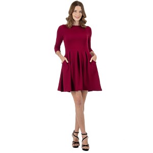 Womens Boat Neck Three Quarter Sleeve Pleated Fit N Flare Pocket Dress - 24seven Comfort Apparel™ - 1 of 4