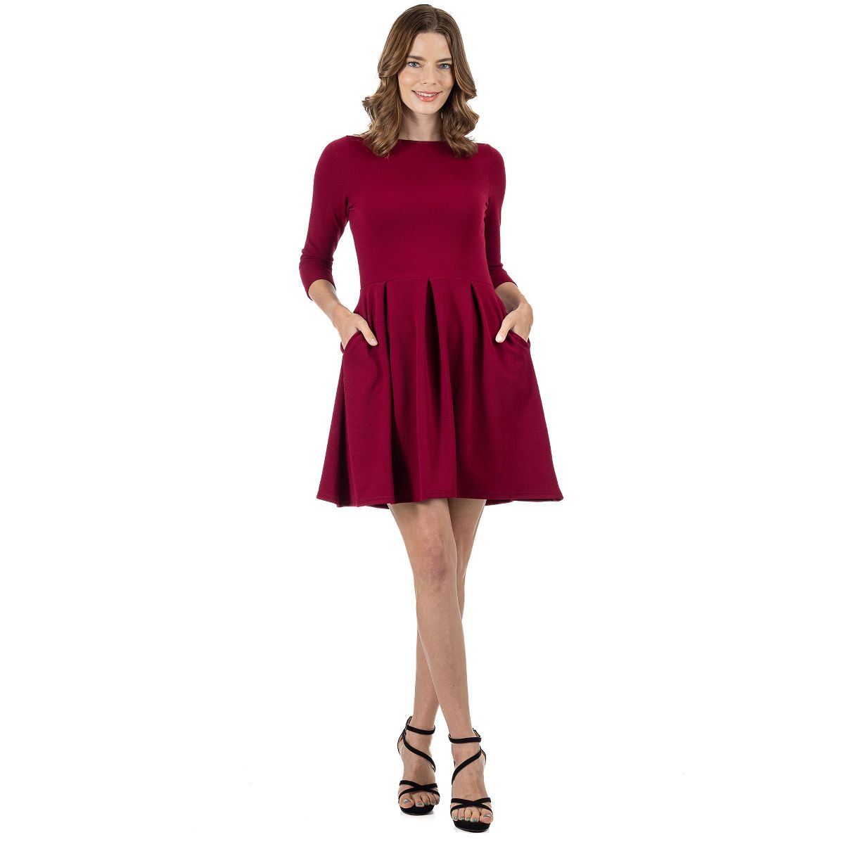 Womens Boat Neck Three Quarter Sleeve Pleated Fit N Flare Pocket Dress - 24seven Comfort Apparel™ - thumbnail 6