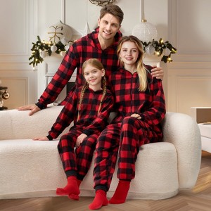 Joyfy Christmas Pajamas, Red Flannel Buffalo Plaid Pajamas with Hood for Mens, Adult Holiday Jumpsuit - 1 of 4