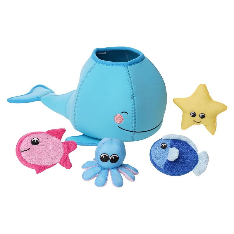 Manhattan Toy Neoprene Whale 5 Piece Floating Spill n Fill Bath Toy with Quick Dry Sponges and Squirt Toy, 1 of 10