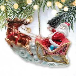 Santa Sleigh and Reindeer Elegant Christmas Ornament, Holiday Blown Glass Figurine| OrnamentallyYou - 1 of 4