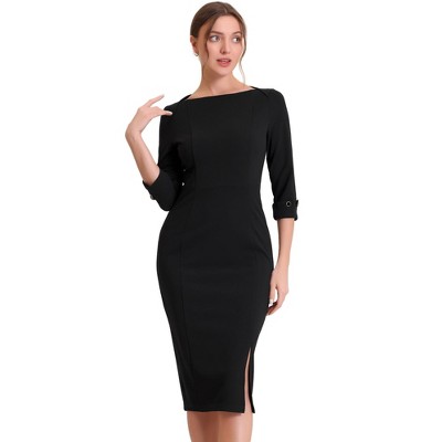 Allegra K Women's Elegant Boat Neck 3/4 Sleeves Work Midi Split Sheath ...