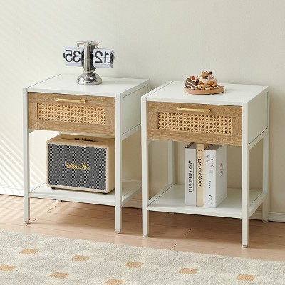 KTMBDW Nightstand - Rattan Decor Drawer Night Stand, Bedside Table Boho End Tables Side Tables with Storage Shelf for Bedroom, Small Space