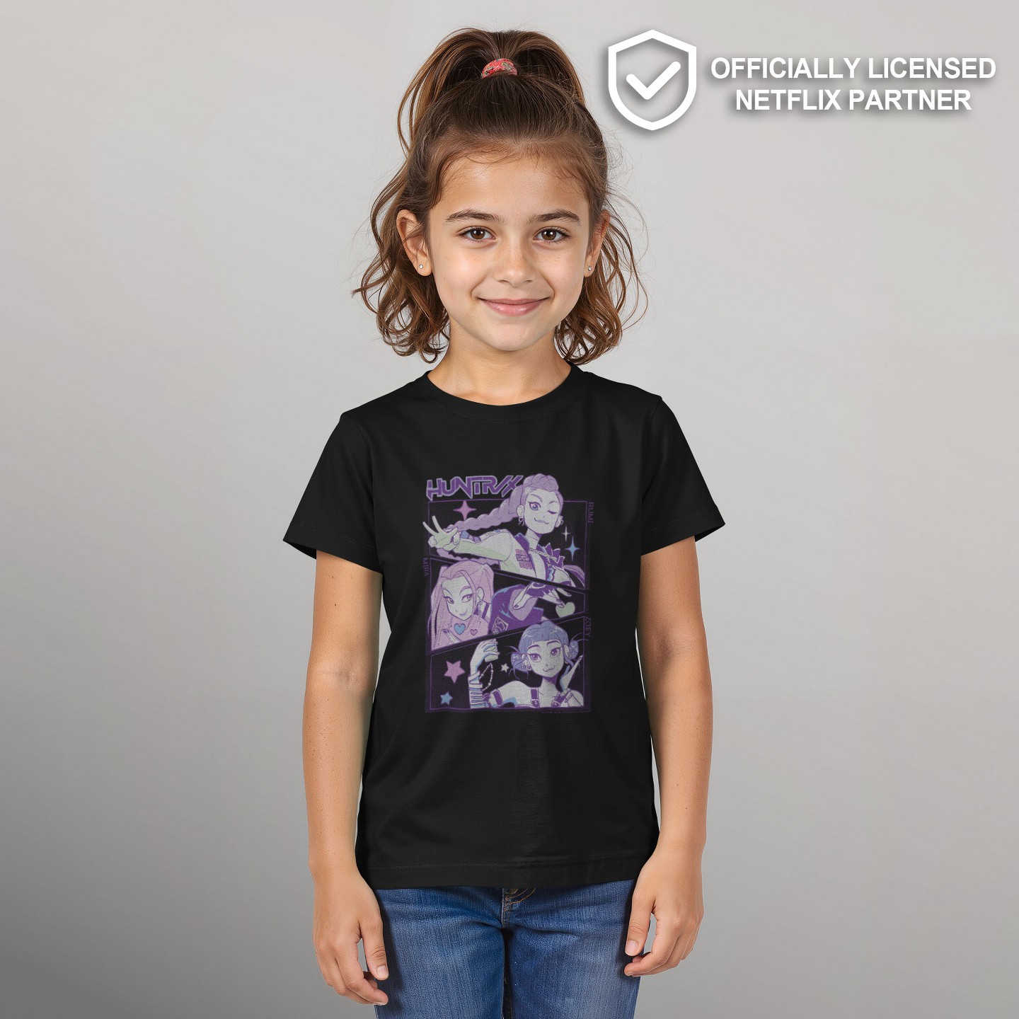 Футболка KPop Demon Hunters HUNTR/X Group Comic Panels T Shirt - Black для девочек, цвет: Чёрный — фото 2