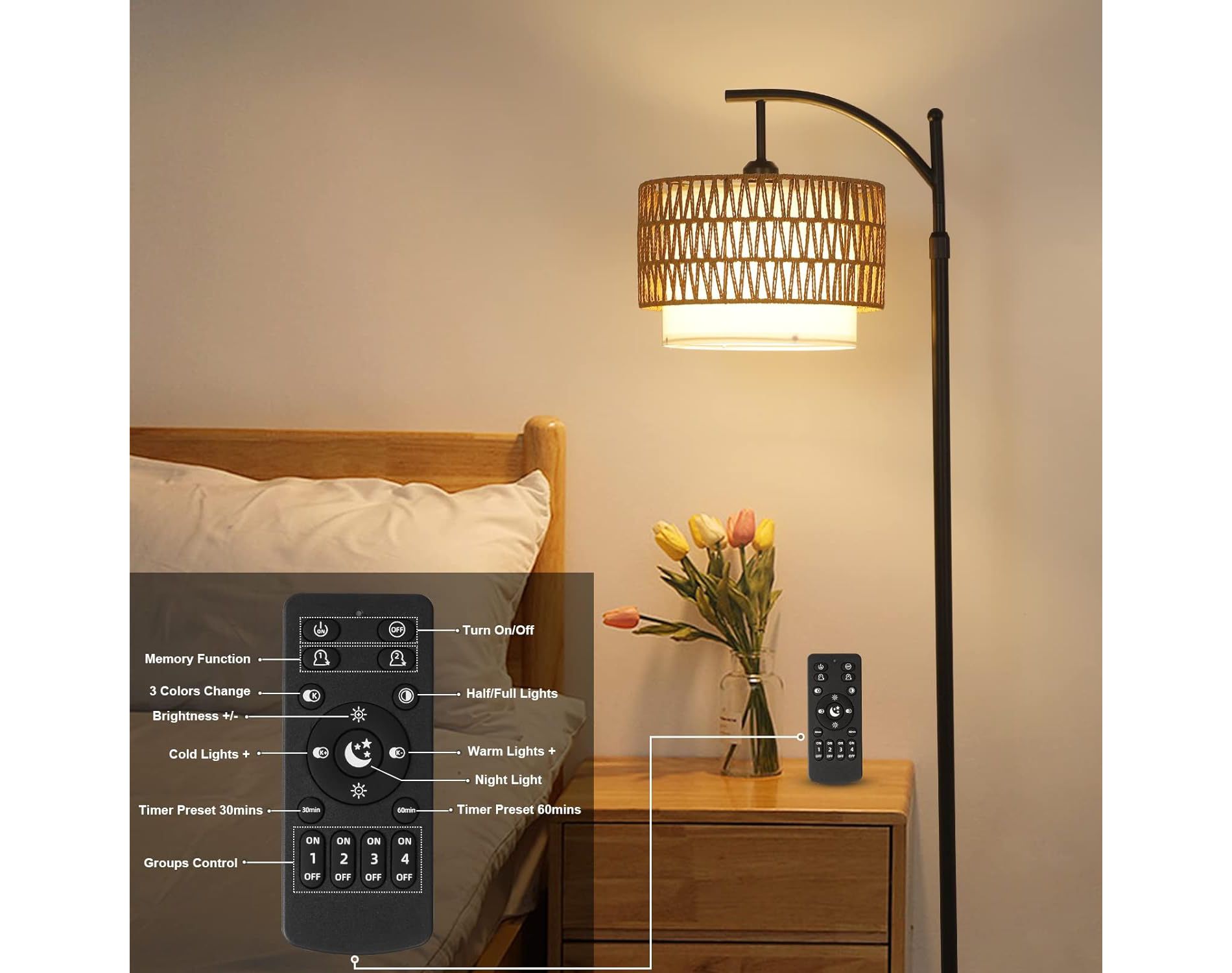 GDFStudio Rani Bohemian Arc Floor Lamp with Rattan Fabric Shades, 3 Color Temperatures and Adjustable Height, Black