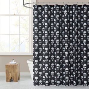 Kate Aurora Halloween Accents Black & White Spooky Skulls Fabric Shower Curtain - Standard Size - 1 of 3