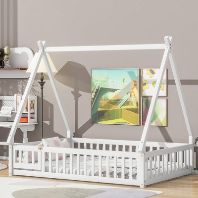 Fontoi Beds, Full Size Bed with Guardrails and Slats, Wood Bed with Fence and Door for Girls and Boys, White, 61.7"*71.8"*78.2"