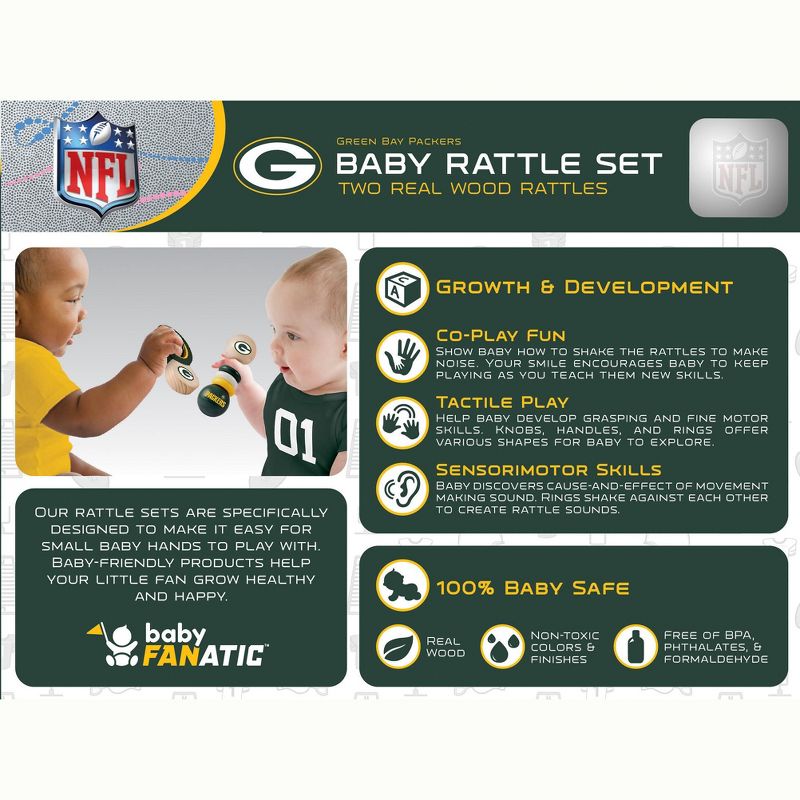 Baby Fanatic Wood Rattle 2 Pack - NFL Green Bay Packers Baby Toy Set, 3 of 5