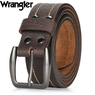 Wrangler Men’s Leather Embossed Logo Casual Every Day Belt for Jeans, Khakis Brown