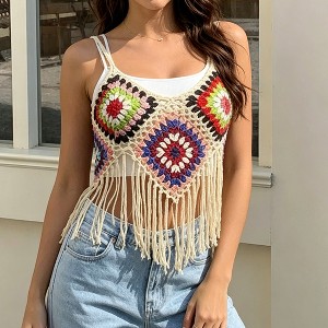 Womens Square Fringe Cami Top Spaghetti Strap Bohemian Crop Top