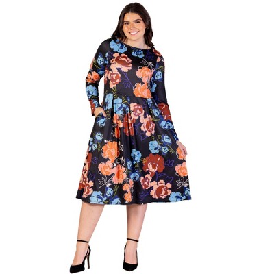 24seven Comfort Apparel Plus Size Black Floral Midi Length Long Sleeve Pocket Dress