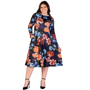 24seven Comfort Apparel Plus Size Black Floral Midi Length Long Sleeve Pocket Dress - 1 of 3