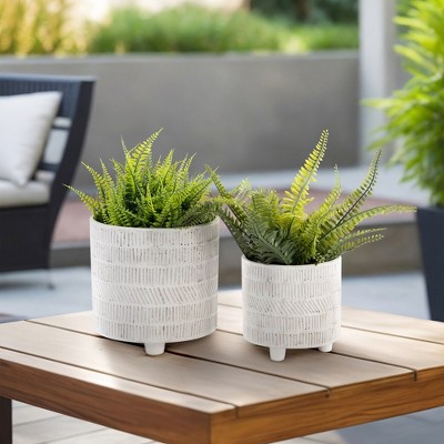 Ivory Geometric Ceramic Footed Planter Set of 2