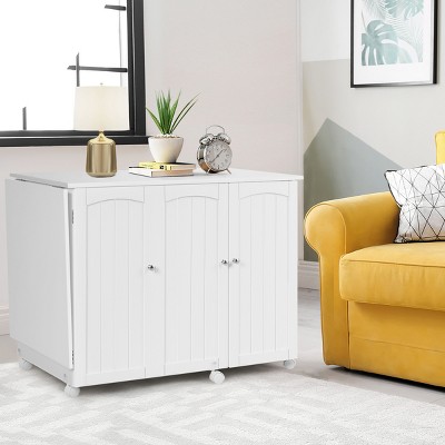 White Folding Sewing Table with Shelves and Wheels