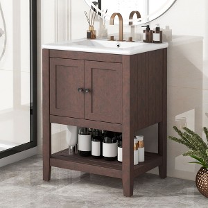 NicBex 24"Modern Bathroom Vanity with Top Ceramic Sink Combo,Solid Wood Frame&3 Shelves,Freestanding Basin Vanity Cabinet,4"Pre-drilled Faucet - 1 of 4