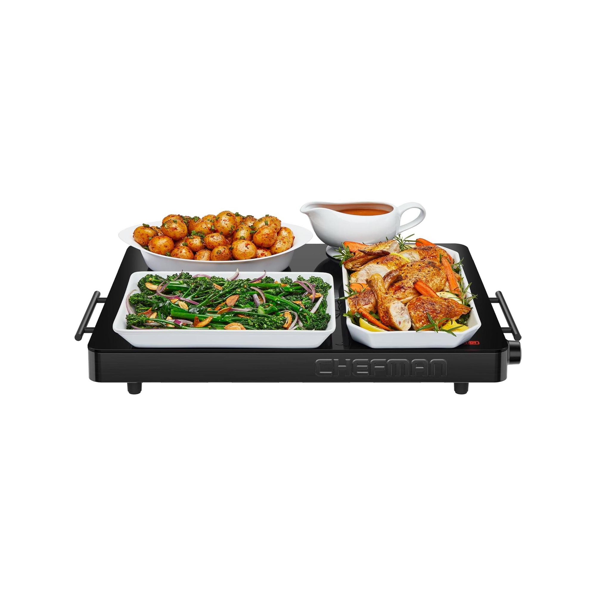 Chefman Electric Warming Tray w/ Adjustable Temperature Control, 21” x 16” Glass-Top Surface – Black