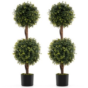 Tangkula Set of 2 Artificial Double Topiary Ball Trees 3 FT Faux Boxwood Topiary Tree - 1 of 4
